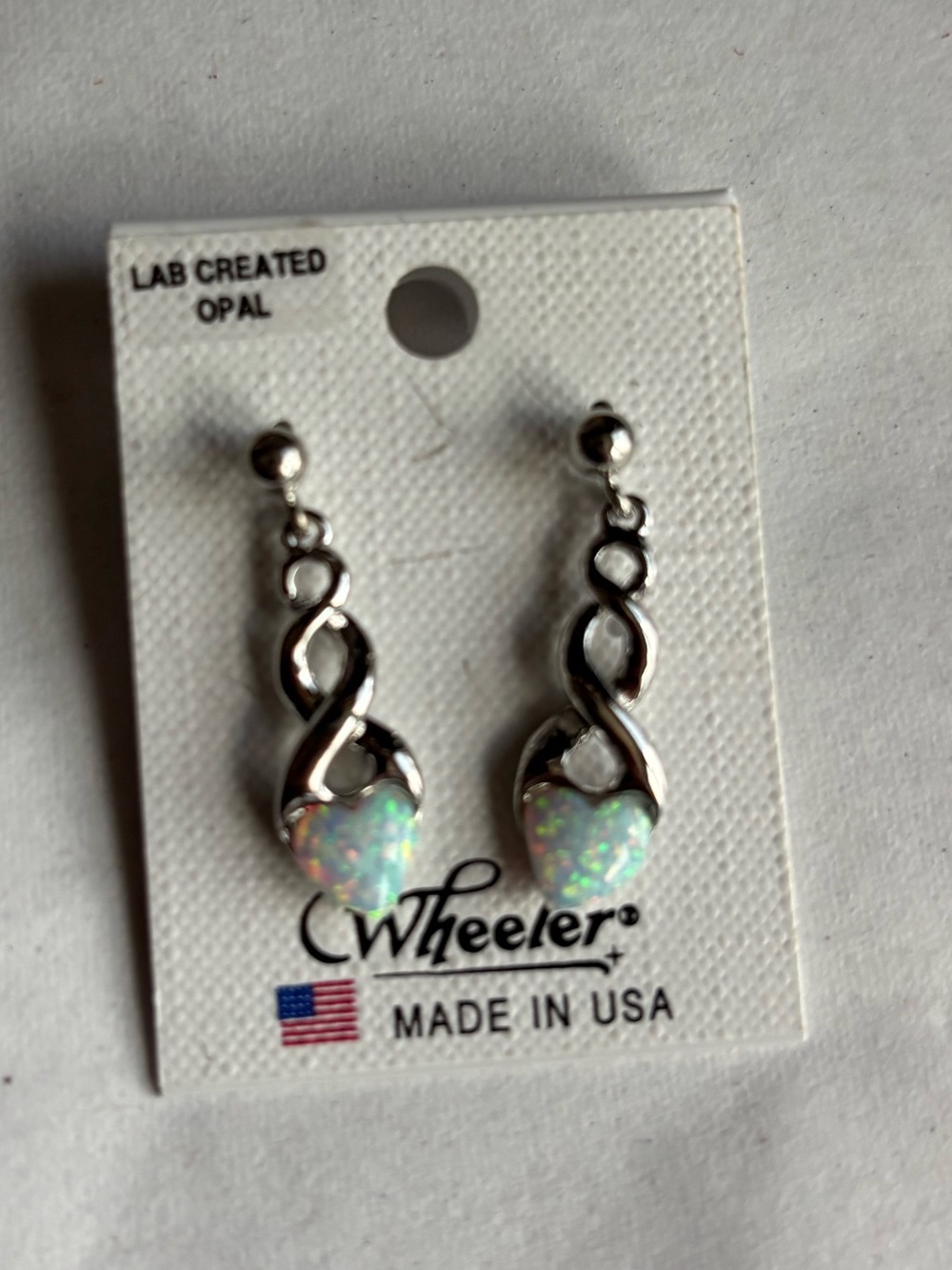 Wheeler silver infinity opal heart twist drop earrings. NEW!